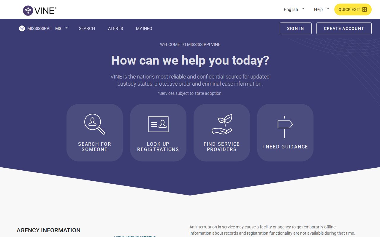 Mississippi VINELink search screen for Greene County inmate records